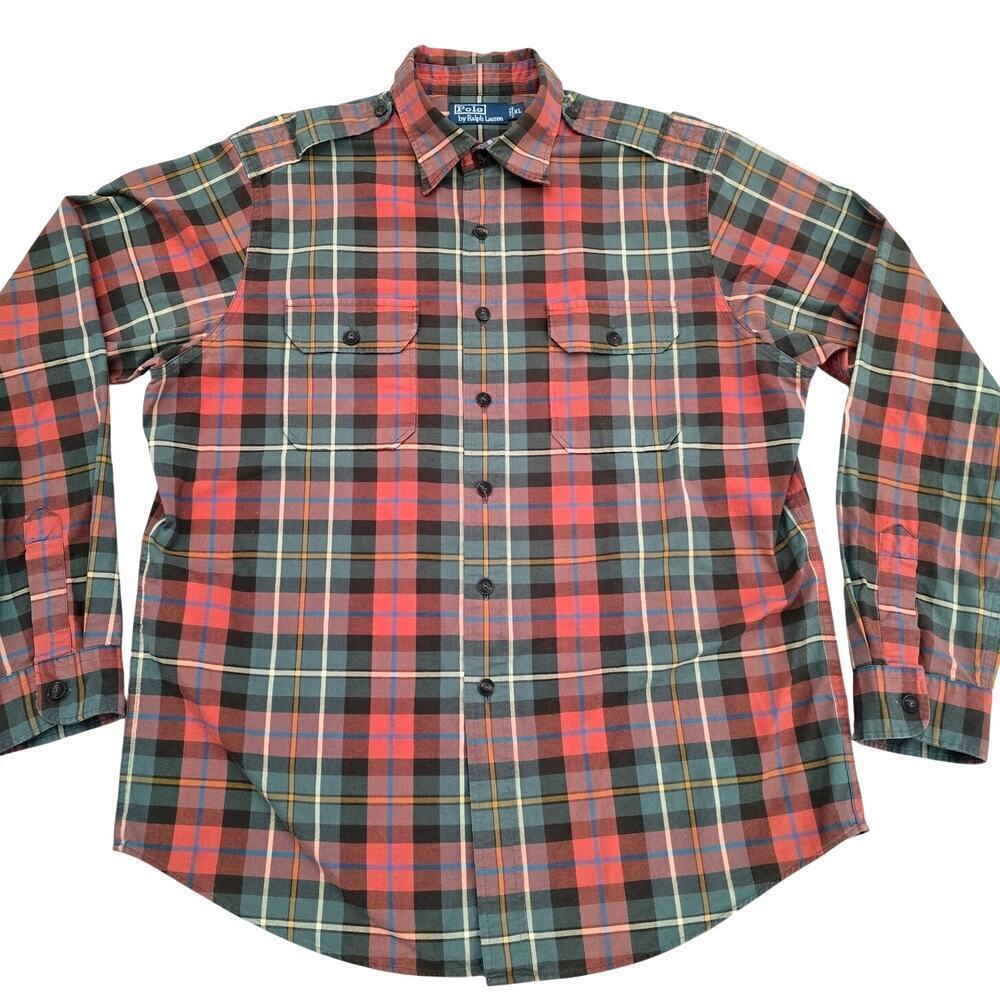 VTG Polo Ralph Lauren Plaid Shirt XL Safari Workwear Epaulets Utility Pockets